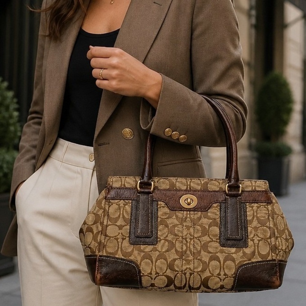Vintage Y2K COACH Satchel Women Brown Signature Canvas Leather Hampton Bag